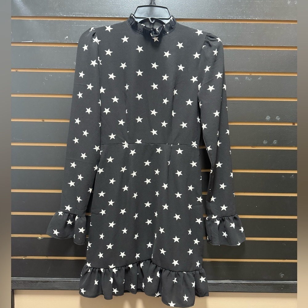 ASOS Black White Star Print Ruffled Long Sleeve A-Line Dress Size 0 NWT